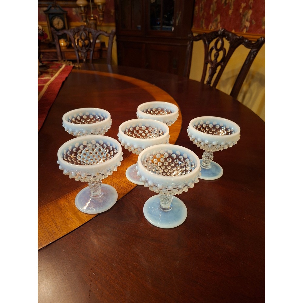 Fenton Moonstone Hobnail Opalescent Glass Sherbet Dessert Cups Set of 6 Vintage